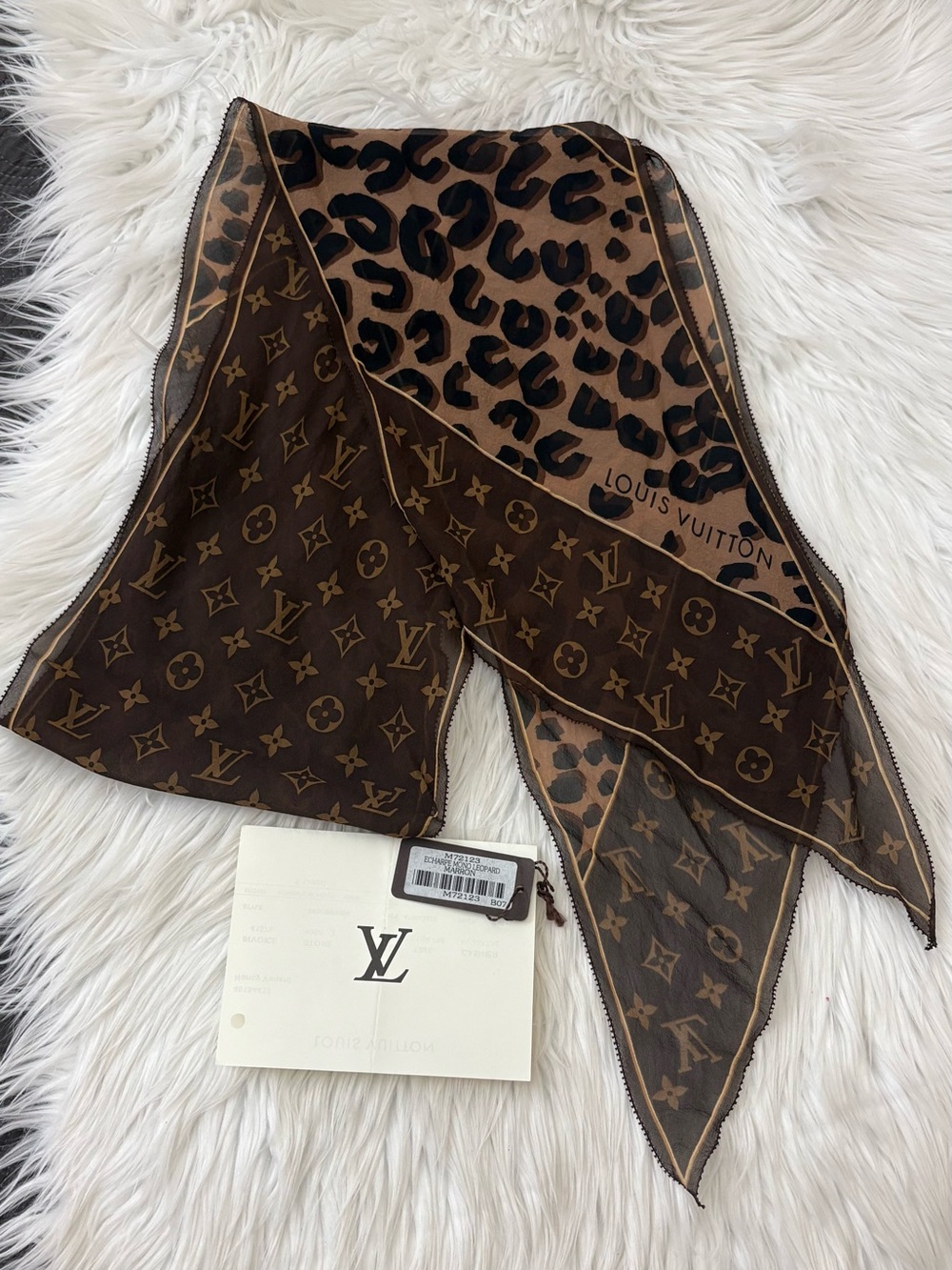 Authentic 2007 Louis Vuitton Echarpe Monogram & Leopard Print Silk Chiffon Scarf